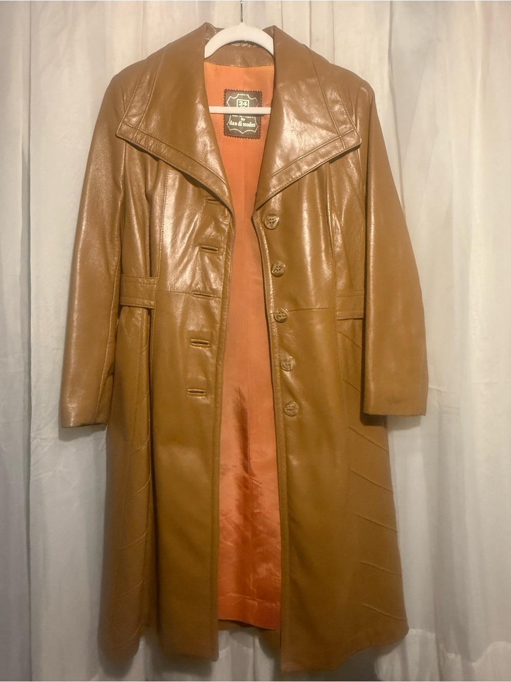 Vintage Dan Di Modes Genuine Leather Womens Long Coat Brown Trench Jacket Belted